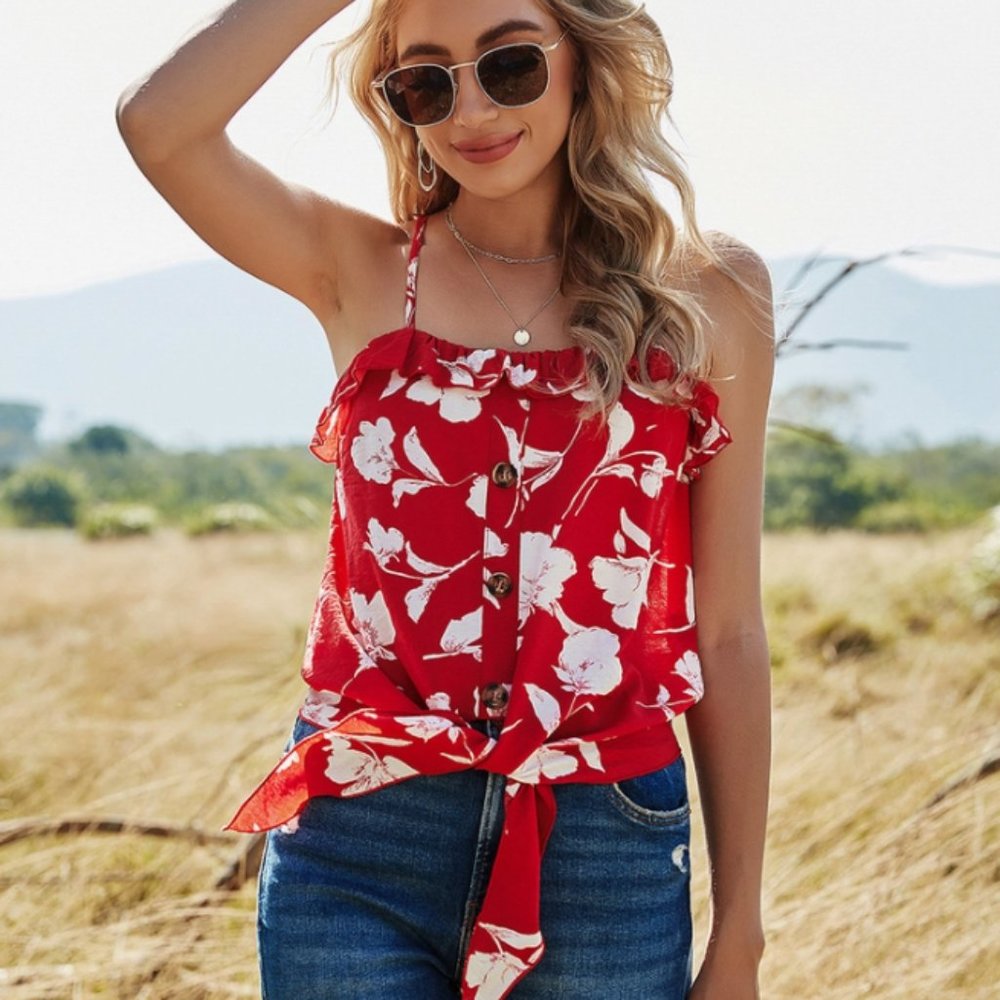 Floral Print Tank Top With Tie & Ruffle - Picture 3 of 6